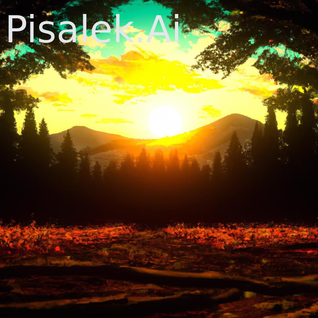 #Generate a photorealistic non fantasy full sized 1920x1080 image of a forest with the floor in the foreground then the dense forest and in the background mountains under an orange and blue sky with the sun low on the horizon.